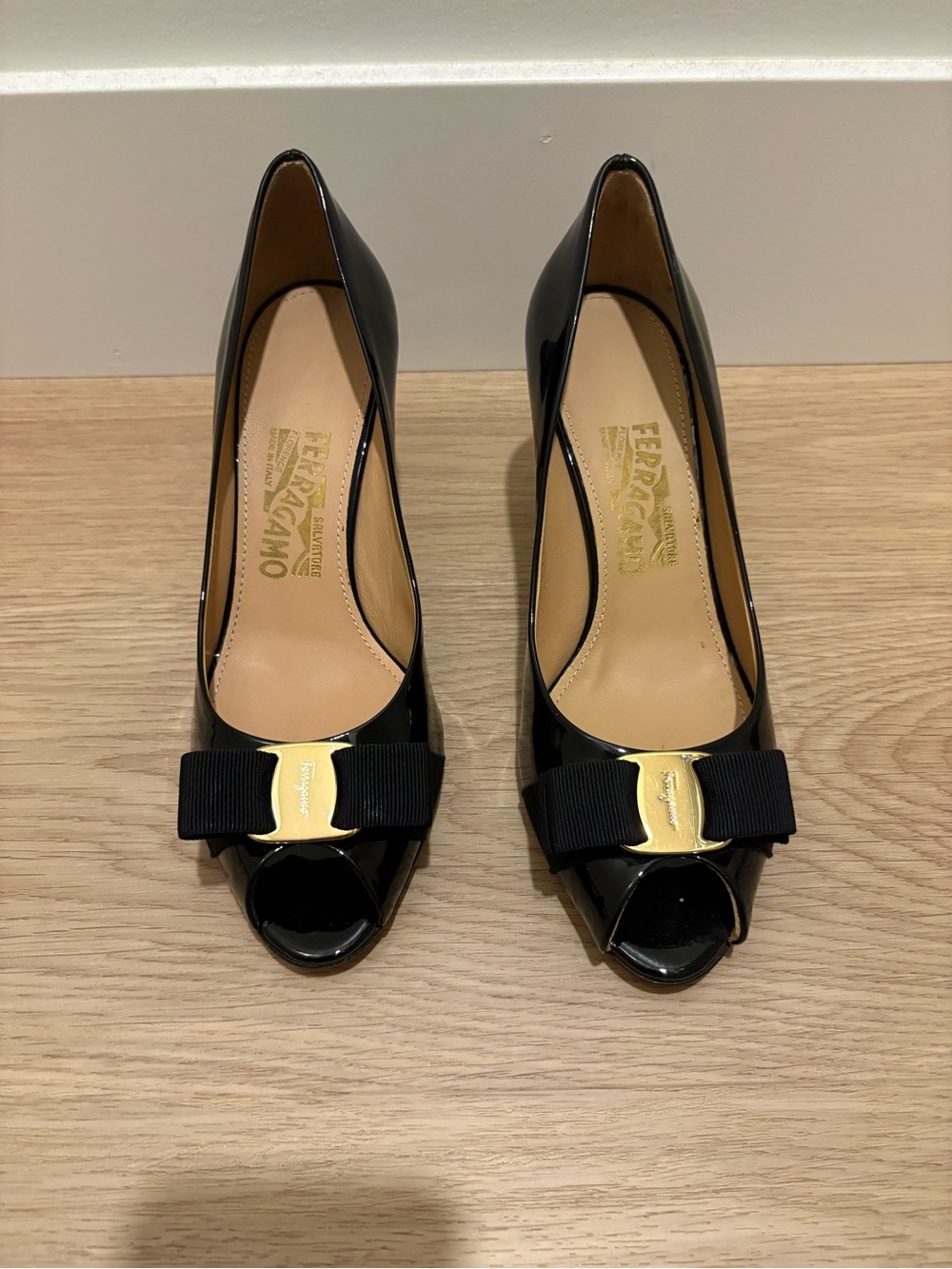 New Salvatore Ferragamo Black Patent Vara Bow Peep-Toe Pumps with Gold Hardware